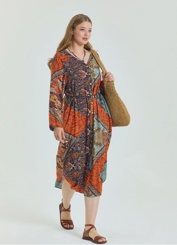 Shirt Collar Belt Detailed Coffee Patterned Casual Plus Size Dress 4614
